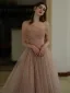 Chic / Beautiful Champagne Sequins Prom Dresses 2025 A-Line / Princess One-Shoulder Short Sleeve Backless Sweep Train Formal Dresses