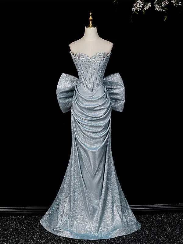Sexy Bling Bling Bleu Ciel Faux Diamant Paillettes Robe De Soirée 2026 Trompette / Sirène Bustier Sans Manches Dos Nu Noeud Longue Robe De Ceremonie