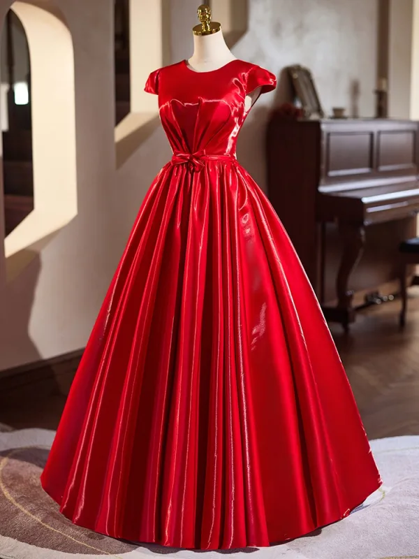 Modest / Simple Burgundy Prom Dresses 2025 Ball Gown Scoop Neck Cap Sleeves Bow Sash Backless Floor-Length / Long Prom Formal Dresses