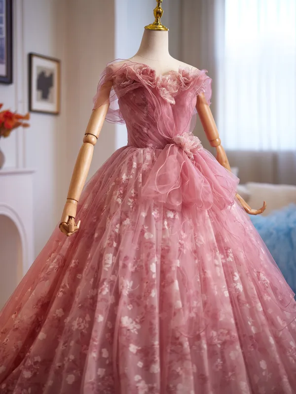 Flower Fairy Candy Pink Appliques Floral Prom Dresses 2025 Ball Gown Off-The-Shoulder Short Sleeve Backless Sweep Train Formal Dresses