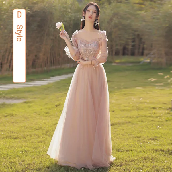 Chic / Beautiful Blushing Pink Beading Bridesmaid Dresses 2022 A-Line / Princess Short Sleeve Backless Floor-Length / Long Bridesmaid Dresses
