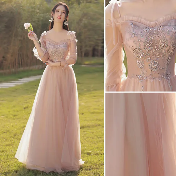 Chic / Beautiful Blushing Pink Beading Bridesmaid Dresses 2022 A-Line / Princess Short Sleeve Backless Floor-Length / Long Bridesmaid Dresses