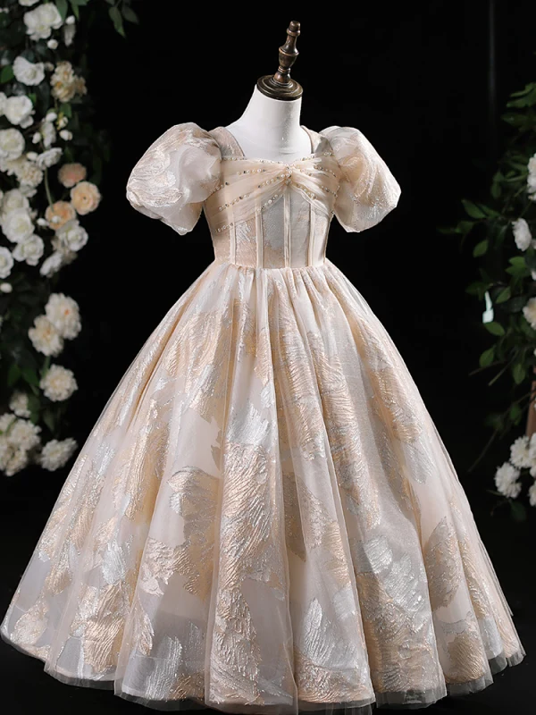 Chic / Beautiful Khaki Glitter Printing Pearl Rhinestone Birthday Flower Girl Dresses 2024 Ball Gown Scoop Neck Puffy Short Sleeve Floor-Length / Long
