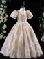 Chic / Beautiful Khaki Glitter Printing Pearl Rhinestone Birthday Flower Girl Dresses 2024 Ball Gown Scoop Neck Puffy Short Sleeve Floor-Length / Long