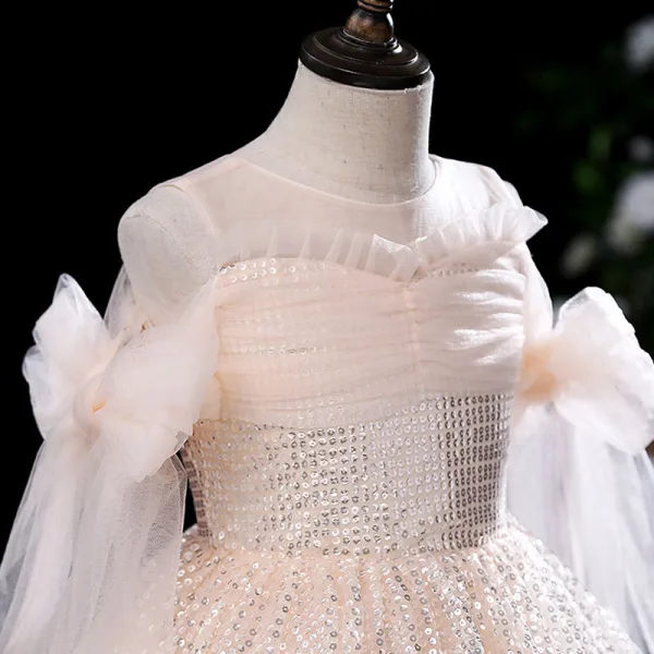 Bling Bling Champagne Sequins Birthday Flower Girl Dresses 2022 Ball Gown Scoop Neck Short Sleeve Floor-Length / Long Flower Girl Dresses