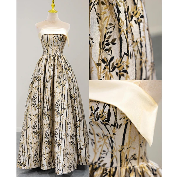 Chinese style Champagne Printing Prom Dresses 2024 A-Line / Princess Strapless Sleeveless Backless Floor-Length / Long Prom Formal Dresses