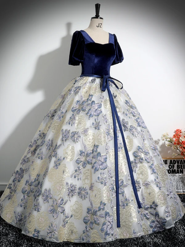 Elegant Navy Blue Printing Prom Dresses 2024 Ball Gown Square Neckline Short Sleeve Backless Bow Sash Floor-Length / Long Prom Formal Dresses