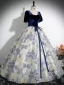 Elegant Navy Blue Printing Prom Dresses 2024 Ball Gown Square Neckline Short Sleeve Backless Bow Sash Floor-Length / Long Prom Formal Dresses