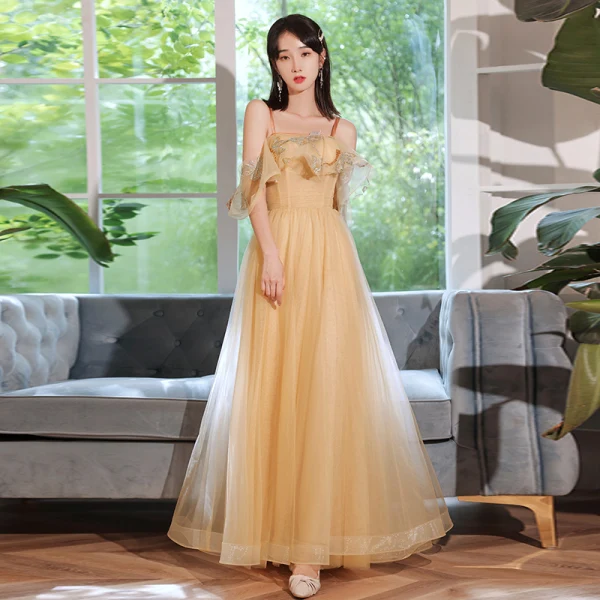 Modest / Simple Champagne Lace Flower Bridesmaid Dresses 2023 A-Line / Princess Short Sleeve Backless Floor-Length / Long Bridesmaid Dresses