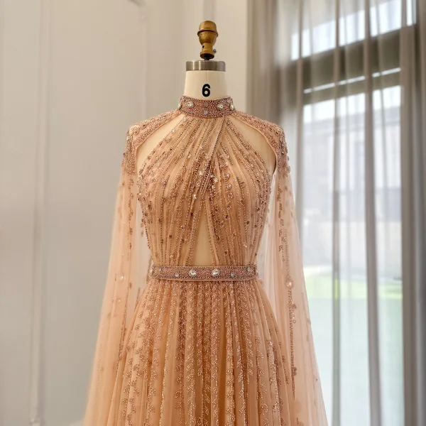 High-end Beige Handmade Beading Sequins Rhinestone Prom Dresses 2024 A-Line / Princess High Neck Sleeveless Floor-Length / Long Prom Formal Dresses