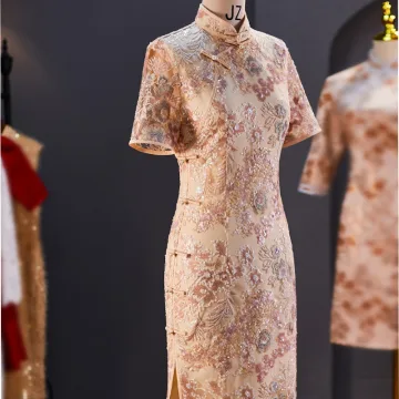Vintage Originale Style Chinois Rose Sombre Perle Paillettes En Dentelle Fleur Fendue Devant Soirée Cheongsam 2025 Trompette Sirène Col Haut Manches Courtes Fermeture Éclair Longue