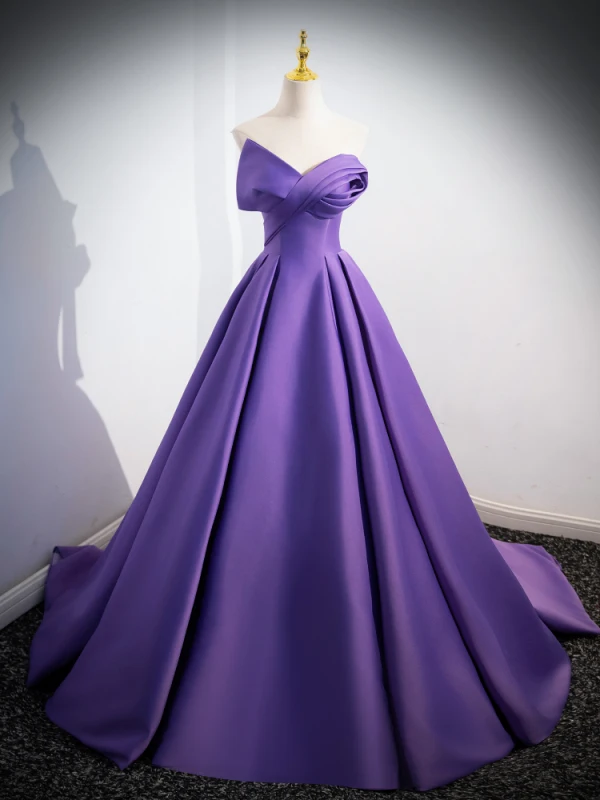 Elegant Grape Prom Dresses 2024 Ball Gown Off-The-Shoulder Short Sleeve Backless Sweep Train Prom Formal Dresses