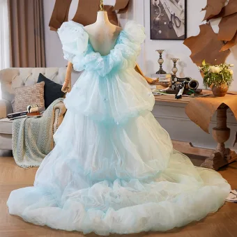 Amazing Unique Sky Blue Cascading Ruffles Puffy Short Sleeve Shawls 2025 Prom