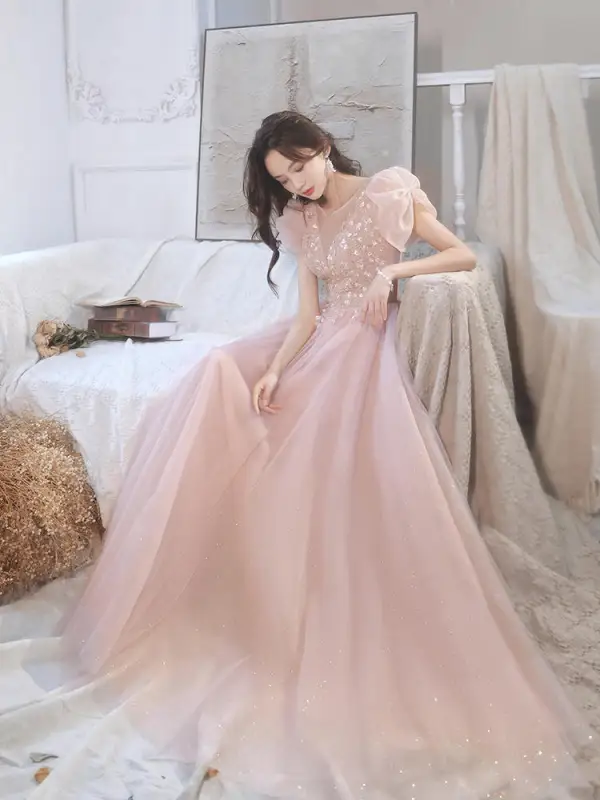 Chic / Beautiful Blushing Pink Beading Appliques Evening Dresses 2022 A-Line / Princess Scoop Neck Short Sleeve Backless Floor-Length / Long Prom Formal Dresses