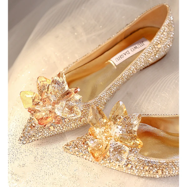 Uroczy Złote Kryształ Rhinestone Płaskie Buty Ślubne 2023 Skórzany Szpiczaste Buty Ślubne