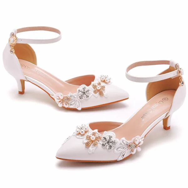 Piękne Białe Perła Rhinestone Buty Ślubne 2023 5 cm Szpilki Szpiczaste Ślub Wysokie Obcasy