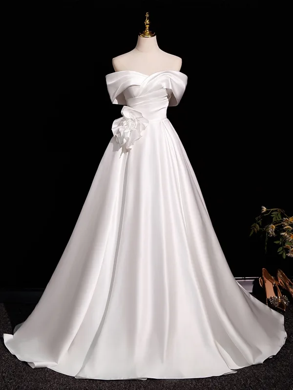 Elegant White Satin Flower Prom Dresses 2025 Ball Gown Off-The-Shoulder Short Sleeve Backless Floor-Length / Long Prom Formal Dresses