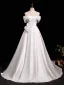 Elegant White Satin Flower Prom Dresses 2025 Ball Gown Off-The-Shoulder Short Sleeve Backless Floor-Length / Long Prom Formal Dresses