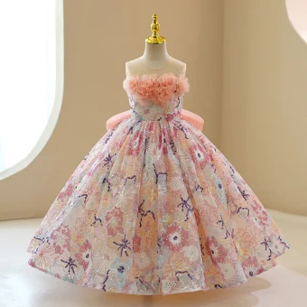 Charmant Champagne Perlage Faux Diamant Paillettes Appliques Robe Ceremonie Fille 2023 Robe Boule Encolure Dégagée Anniversaire Sans Manches Dos Nu Noeud Longue
