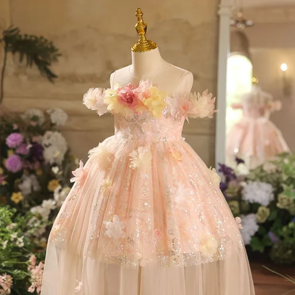 Bling Bling Blushing Pink Sequins Appliques Birthday Flower Girl Dresses 2025 Ball Gown Scoop Neck Short Sleeve Tea-length Tulle