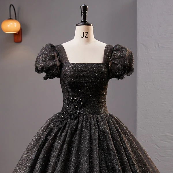Vintage / Retro Black Rhinestone Sequins Lace Flower Prom Dresses 2023 Ball Gown Square Neckline Puffy Short Sleeve Backless Floor-Length / Long Prom Formal Dresses