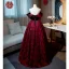 Vintage / Retro Burgundy Printing Prom Dresses 2022 A-Line / Princess Off-The-Shoulder Puffy Short Sleeve Backless Floor-Length / Long Formal Dresses