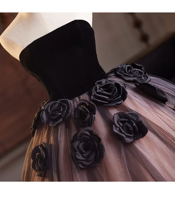 Elegant Quinceañera Black Appliques Prom Dresses 2025 Ball Gown Strapless Sleeveless Backless Floor-Length / Long Prom Formal Dresses