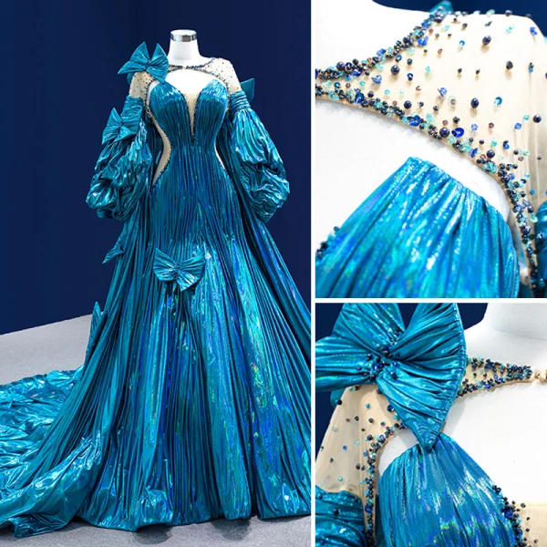 Luxury / Gorgeous Ocean Blue Beading Pearl Sequins Bow Pierced Prom Dresses 2022 Trumpet / Mermaid Scoop Neck Long Sleeve Backless Royal Train Prom