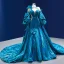 Luxury / Gorgeous Ocean Blue Beading Pearl Sequins Bow Pierced Prom Dresses 2022 Trumpet / Mermaid Scoop Neck Long Sleeve Backless Royal Train Prom Formal Dresses