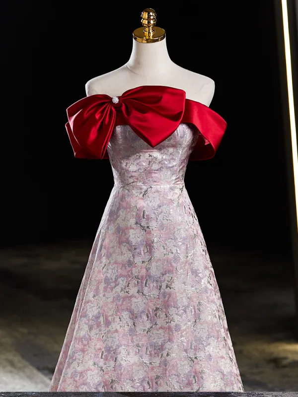 Chic / Beautiful Burgundy Printing Prom Dresses 2024 A-Line / Princess Off-The-Shoulder Bow Sleeveless Backless Floor-Length / Long Prom Formal Dresses