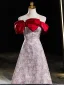 Chic / Beautiful Burgundy Printing Prom Dresses 2024 A-Line / Princess Off-The-Shoulder Bow Sleeveless Backless Floor-Length / Long Prom Formal Dresses