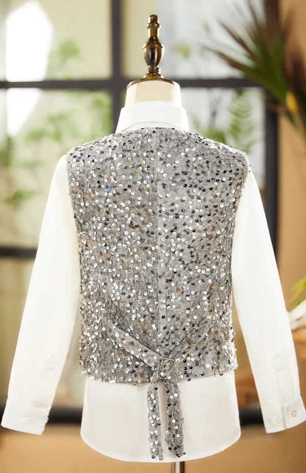 Scintillantes Gris Paillettes Manches Longues Costume Garçon Mariage 2025 Mariage Bijoux De Corps Manteau Pantalon Chemise Cravate Gilet