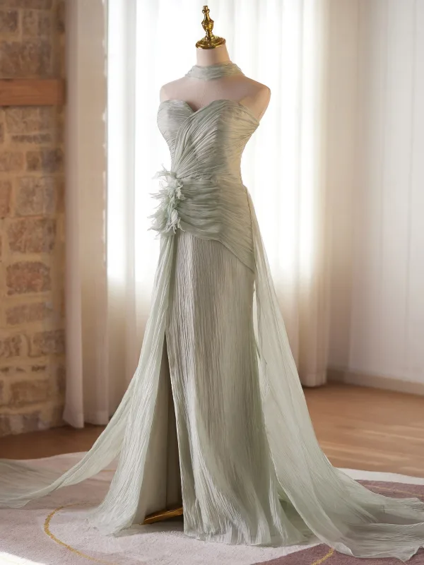 Sexy Vert Cendré Volants Fendue devant Robe De Bal 2026 Trompette / Sirène Bustier Sans Manches Dos Nu Train De Balayage Robe De Ceremonie