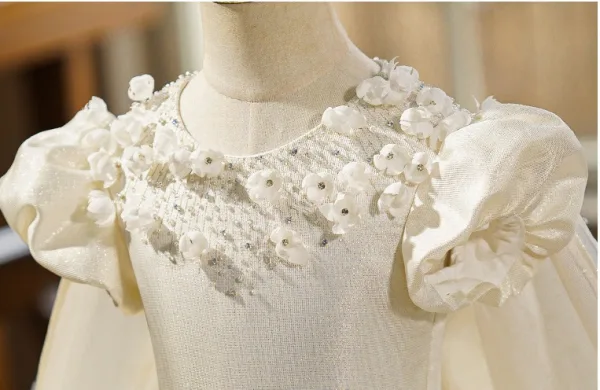 Elegant Ivory Rhinestone Appliques Wedding Flower Girl Dresses 2025 Ball Gown Scoop Neck Puffy Short Sleeve Floor-Length / Long Flower Girl Dresses