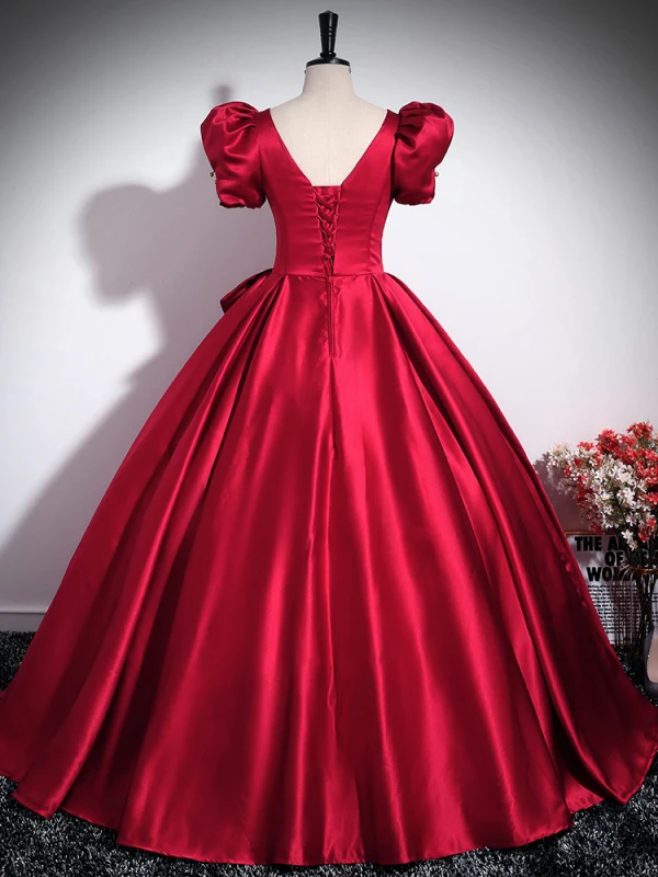 Elegant Burgundy Bow Prom Dresses 2024 Ball Gown Square Neckline Puffy Short Sleeve Backless Floor-Length / Long Prom Formal Dresses
