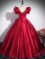 Elegant Burgundy Bow Prom Dresses 2024 Ball Gown Square Neckline Puffy Short Sleeve Backless Floor-Length / Long Prom Formal Dresses