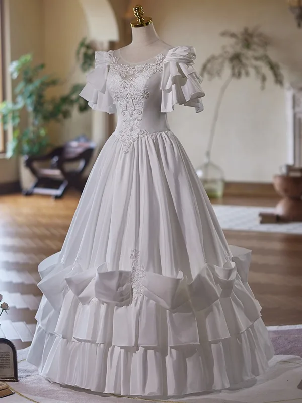Vintage / Retro Medieval White Pearl Lace Flower Wedding Dresses 2025 Ball Gown Scoop Neck Short Sleeve Backless Floor-Length / Long Wedding
