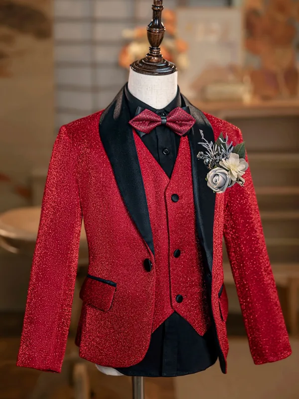 Red 6-piece Long Sleeve Wedding Boys Wedding Suits 2024 Body Jewellery Coat Pants Shirt Tie Vest