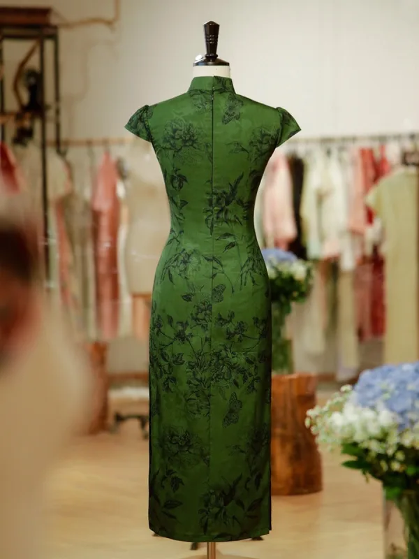 Chinese style Green Printing Split Front Tea-length Cheongsam 2026 Trumpet / Mermaid High Neck Cap Sleeves