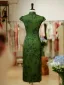 Chinese style Green Printing Split Front Tea-length Cheongsam 2026 Trumpet / Mermaid High Neck Cap Sleeves