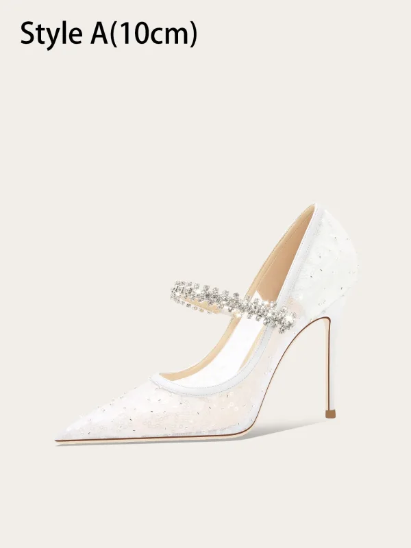 Elegante Weiß Strass Pailletten Brautschuhe 2025 10 cm Stilettos Spitzschuh Hochzeit Hochhackige