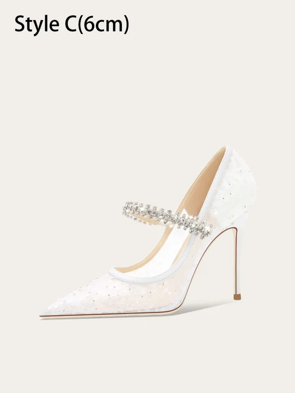 Elegante Weiß Strass Pailletten Brautschuhe 2025 10 cm Stilettos Spitzschuh Hochzeit Hochhackige