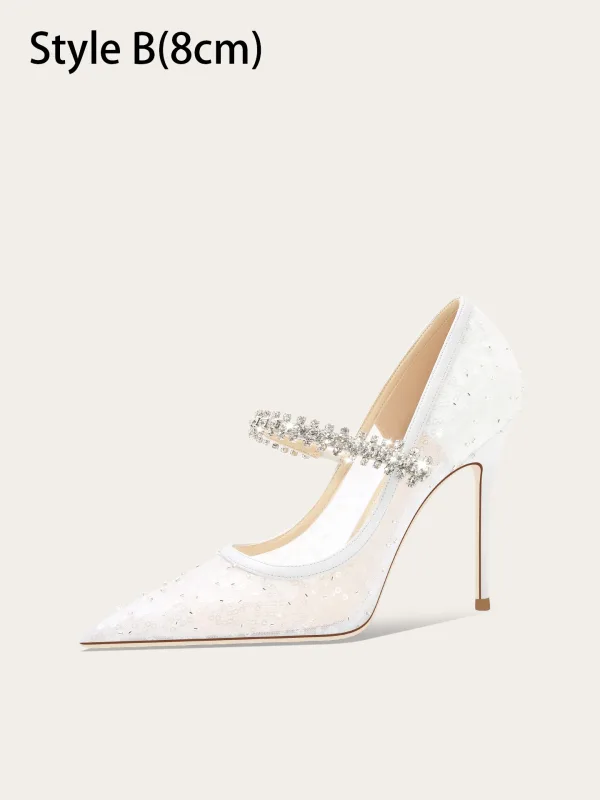 Elegante Weiß Strass Pailletten Brautschuhe 2025 10 cm Stilettos Spitzschuh Hochzeit Hochhackige