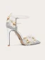 Moderne / Mode Argenté En Dentelle Fleur Appliques Chaussure De Mariée 2023 Cuir Perle Bride Cheville 10 cm Talons Aiguilles À Bout Pointu Mariage Talons Hauts