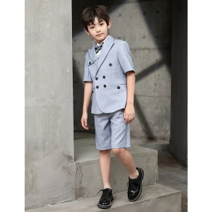 Summer Sky Blue 4 Piece Boys Wedding Suits 2022 Short Sleeve Coat Pants Shirt Tie