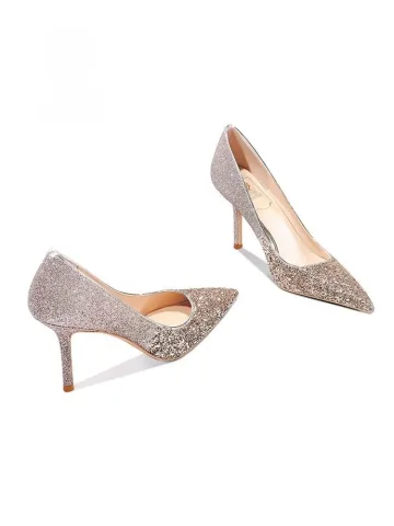 Glittrande Champagne Läder Paljetter Brudskor 2026 6 Cm Stilettklackar Spetsiga Bröllop Pumps