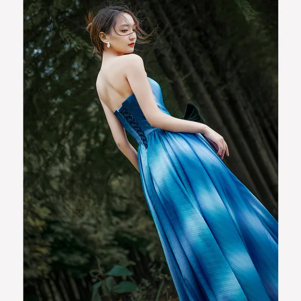 Chic / Belle Océan Bleu Noeud Ceinture Robe De Bal 2022 Princesse Bustier Sans Manches Dos Nu Longue Robe De Ceremonie