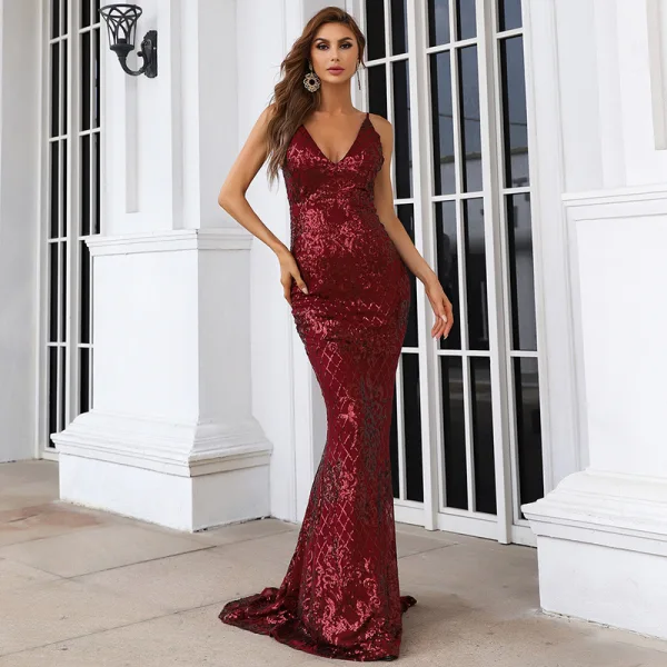 Sexy Vert Citron Paillettes Été Robe De Soirée 2022 Trompette / Sirène Bretelles Spaghetti Sans Manches Dos Nu Train De Balayage Soirée Robe De Ceremonie