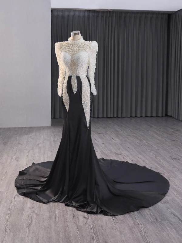 Haut de Gamme Deux tons Blanche Noire Fait main Perlage Perle Paillettes Robe De Soirée 2024 Trompette / Sirène Col Haut Manches Longues Tribunal Train Soirée