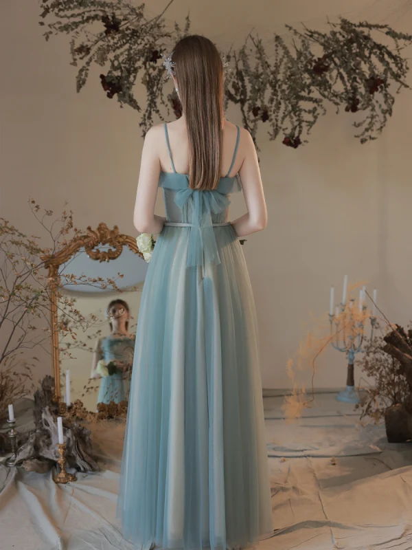 Simple Bleu Ciel Robe De Bal 2022 Princesse Bretelles Spaghetti Sans Manches Dos Nu Noeud Longue Robe De Ceremonie